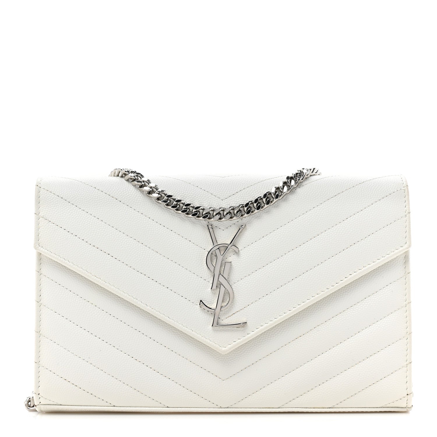 Saint Laurent Grain De Poudre Matelasse Chevron Monogram Chain Wallet White 1 of 13