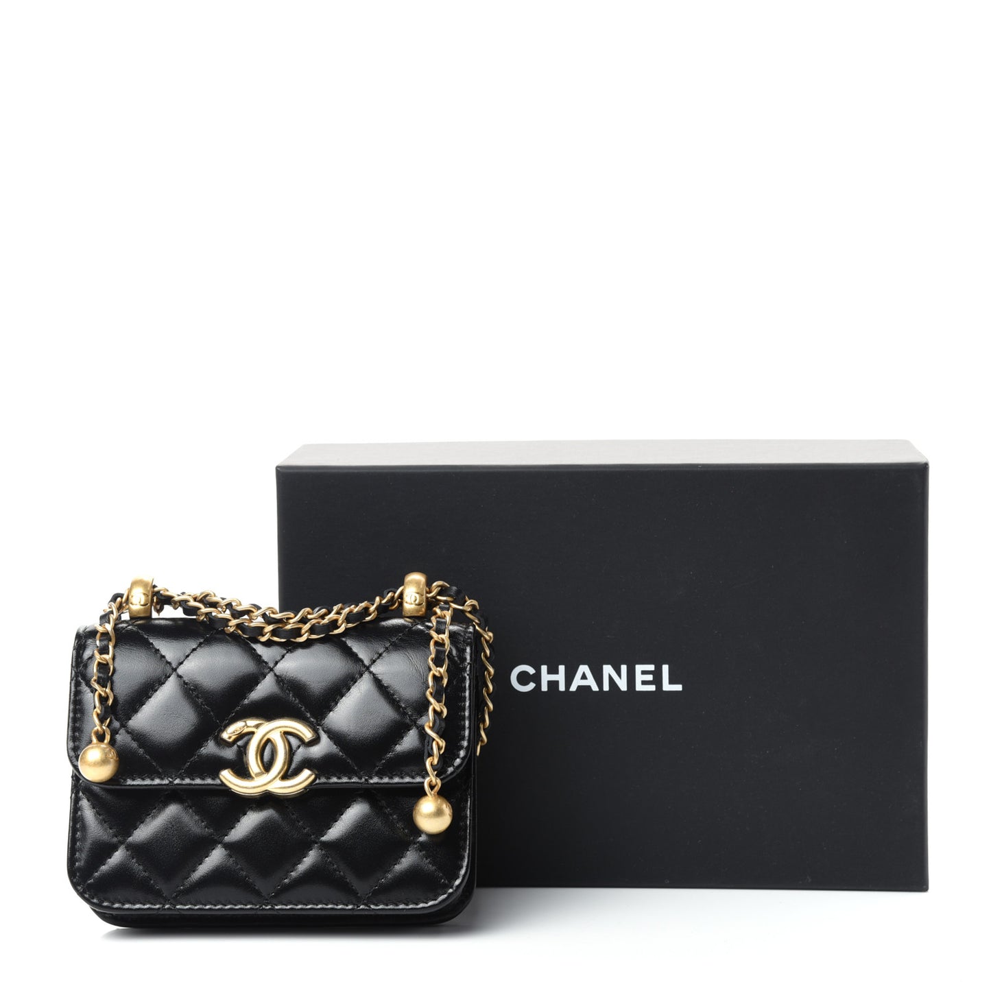 Calfskin Quilted Perfect Fit Coin Purse With Chain Black