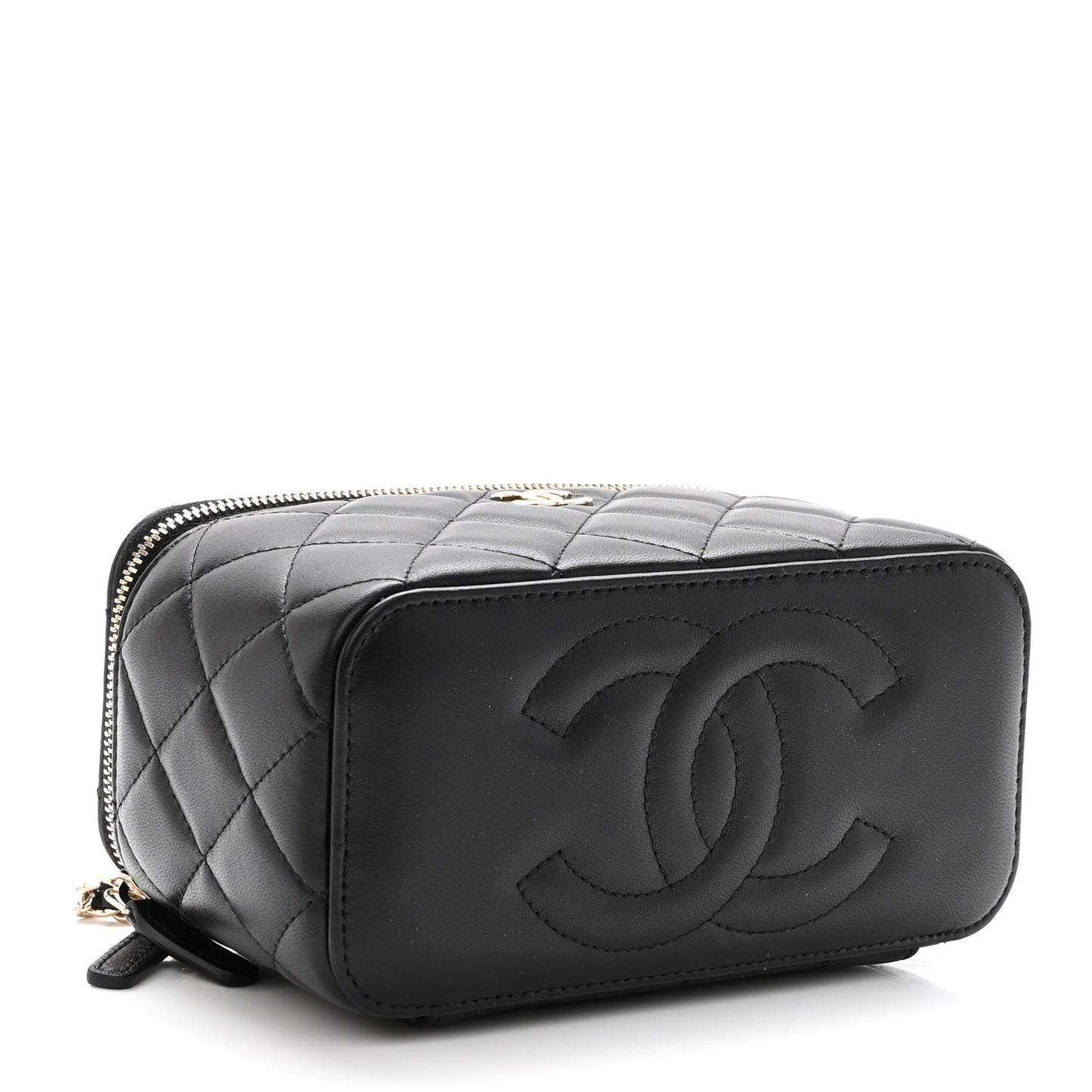 Lambskin Quilted Small Top Handle Vanity Case With Chain Black
