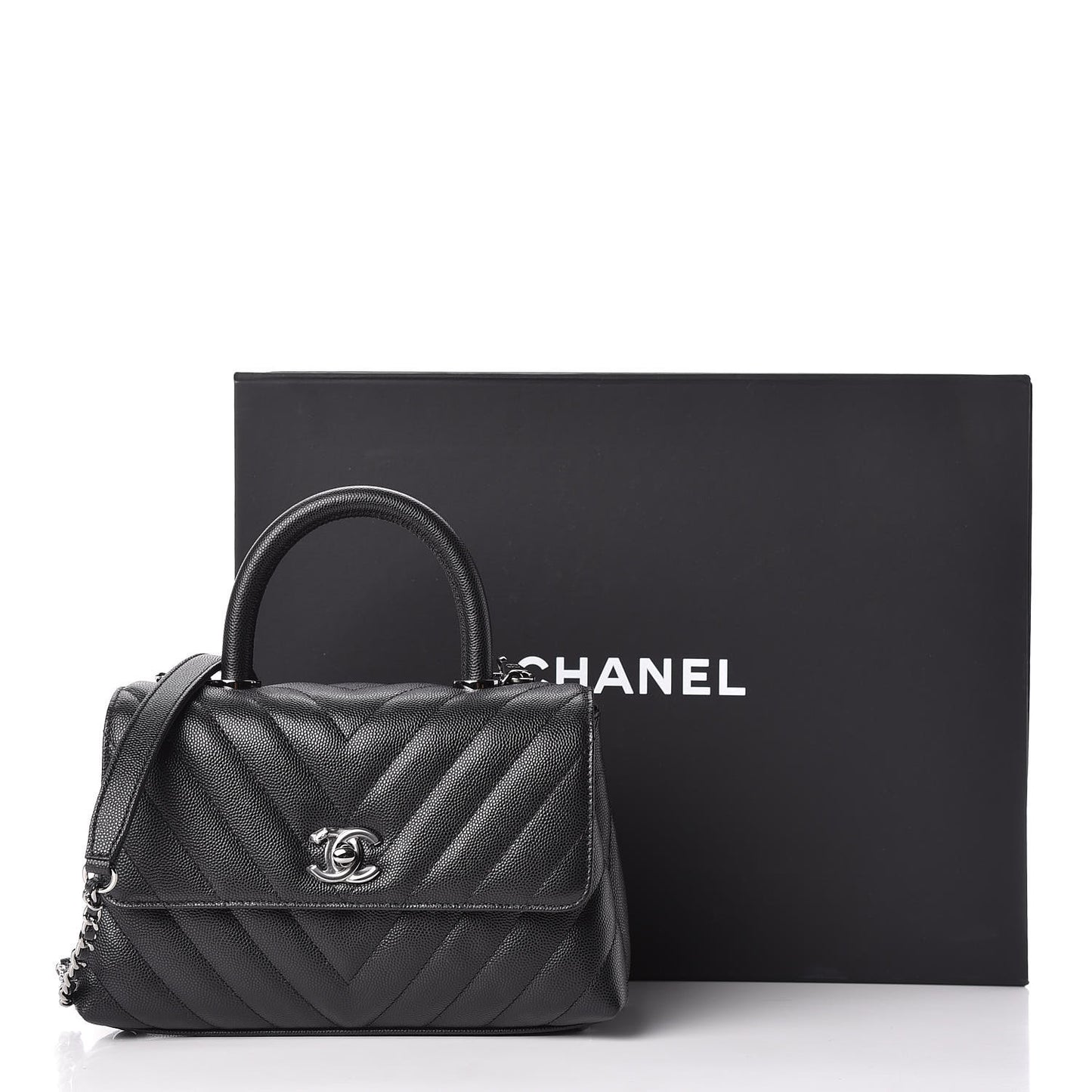 Caviar Chevron Quilted Mini Coco Handle Flap Black