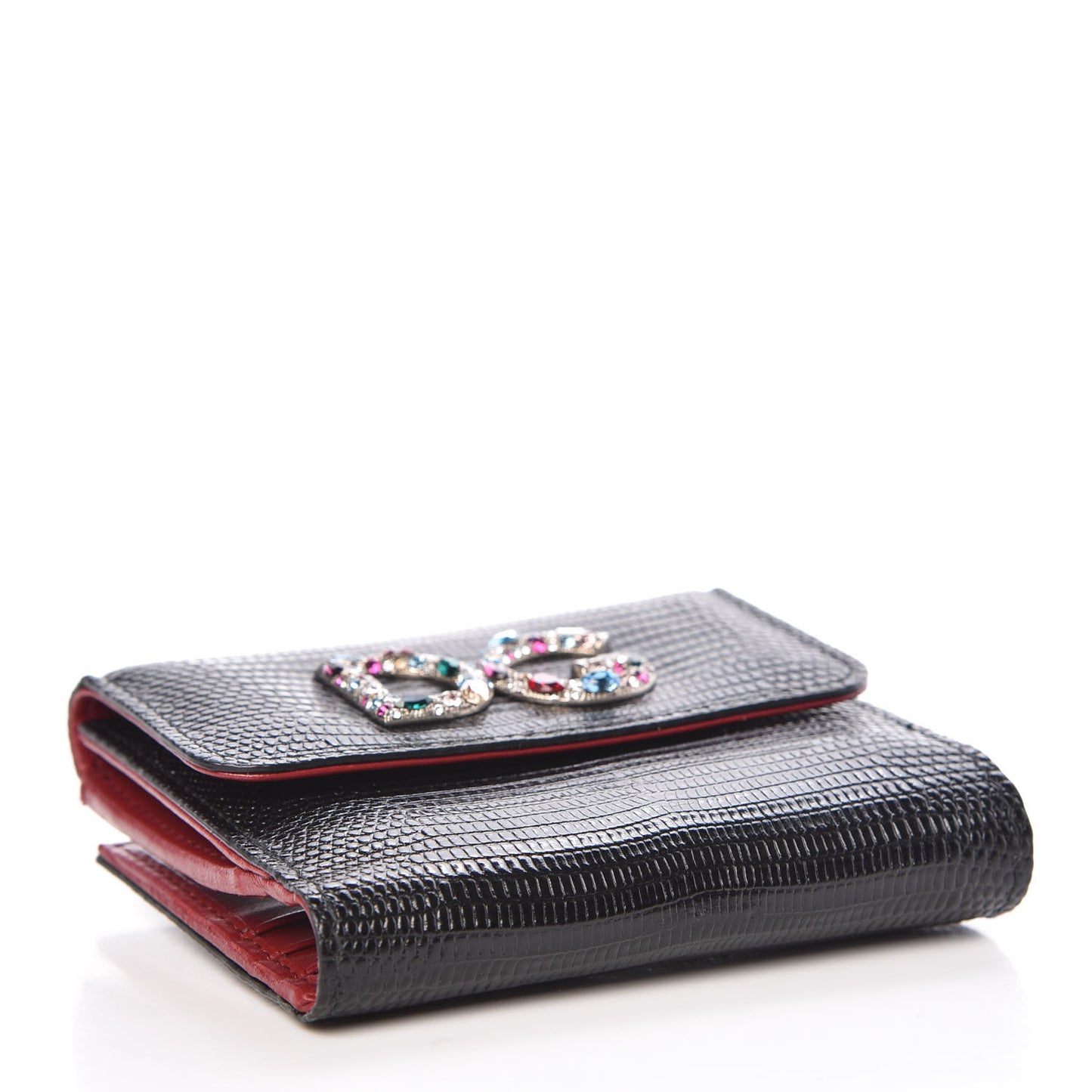 Iguana Calfskin Embossed Embellished Logo French Flap Wallet Black