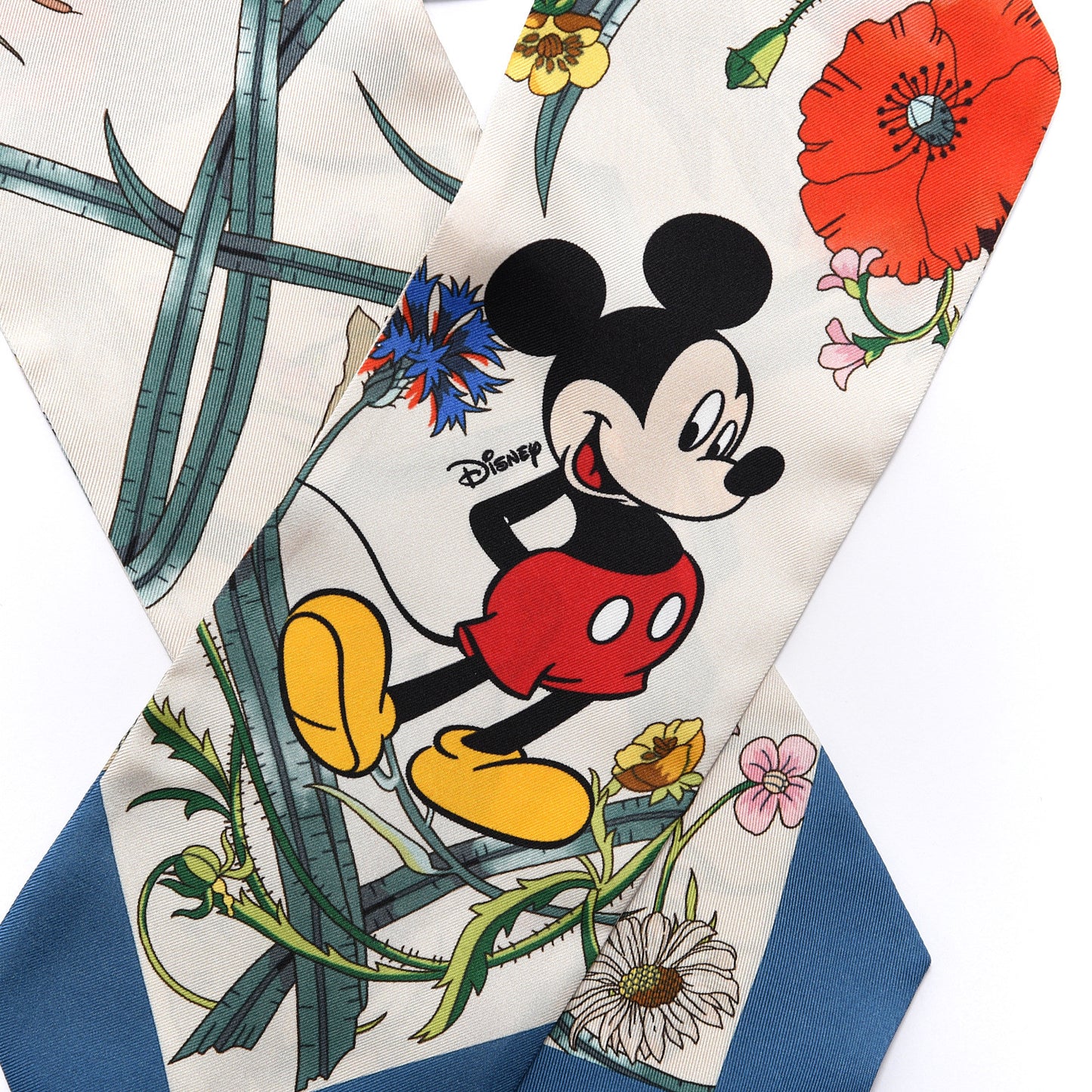 X DISNEY Silk Twill Mickey Lac Neck Bow Scarf Ivory Blue