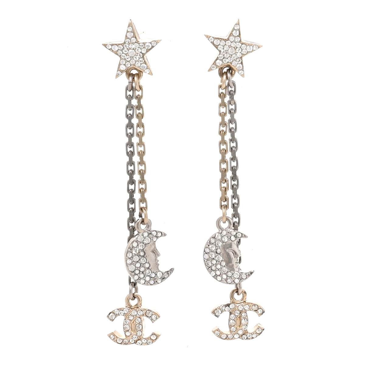 Chanel Crystal CC Star Moon Dangle Earrings Silver Gold 1 of 4