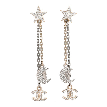 Chanel Crystal CC Star Moon Dangle Earrings Silver Gold 1 of 4