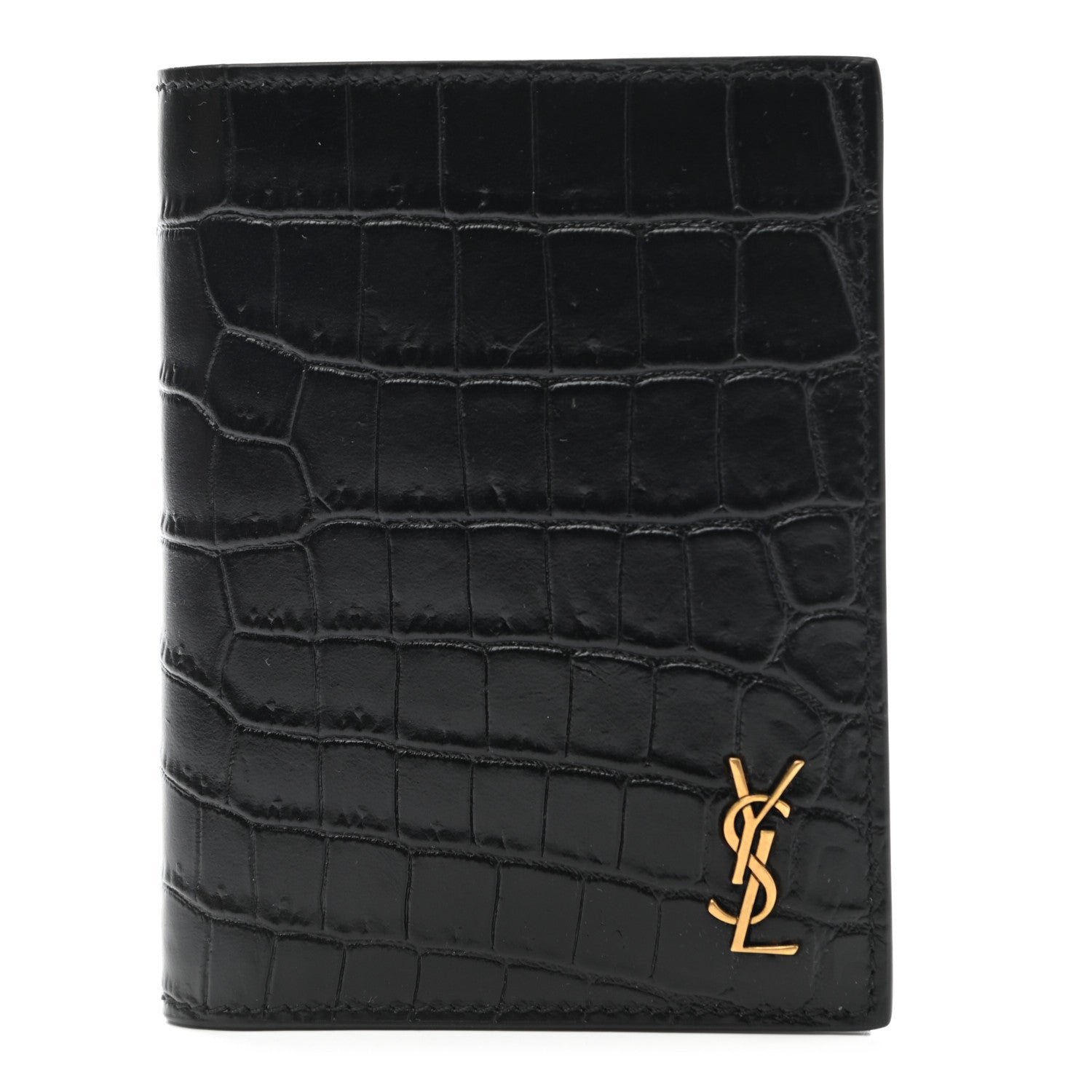 Saint Laurent Calfskin Crocodile Embossed Tiny Monogram Credit Card Wallet Black 1 of 7