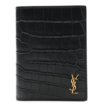 Saint Laurent Calfskin Crocodile Embossed Tiny Monogram Credit Card Wallet Black 1 of 7