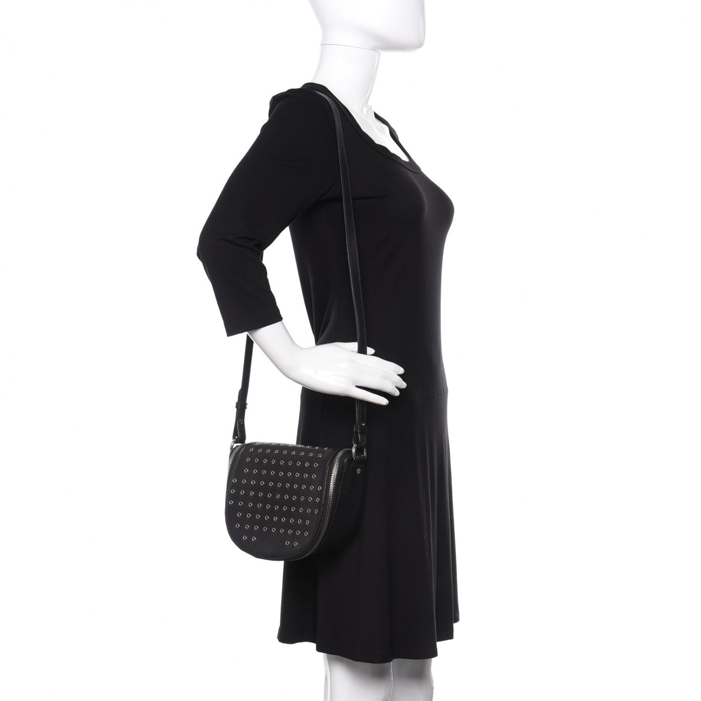 Grained Calfskin Eyelet Small Zip Crossbody Bag Black