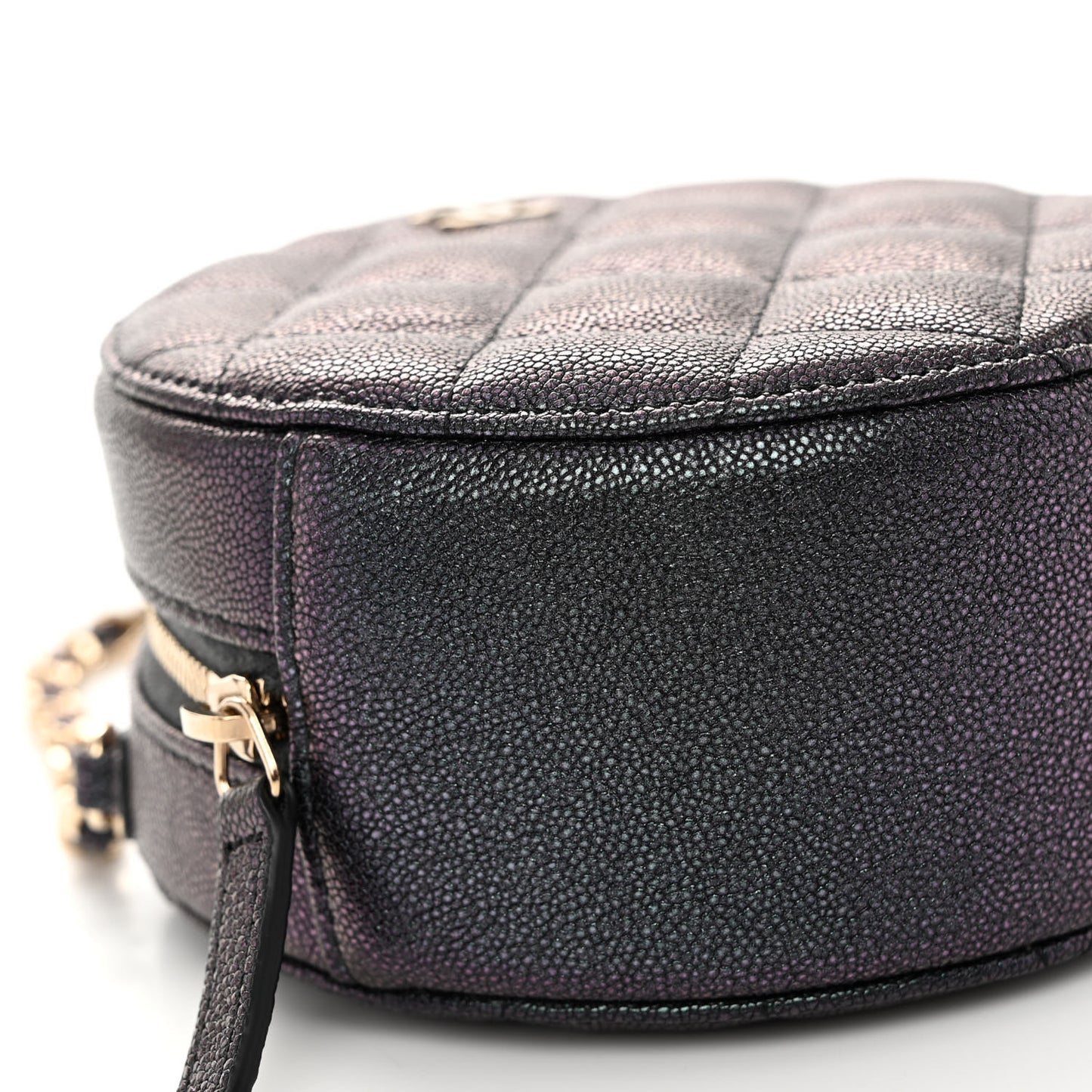 Iridescent Caviar Quilted Round Clutch With Chain Navy