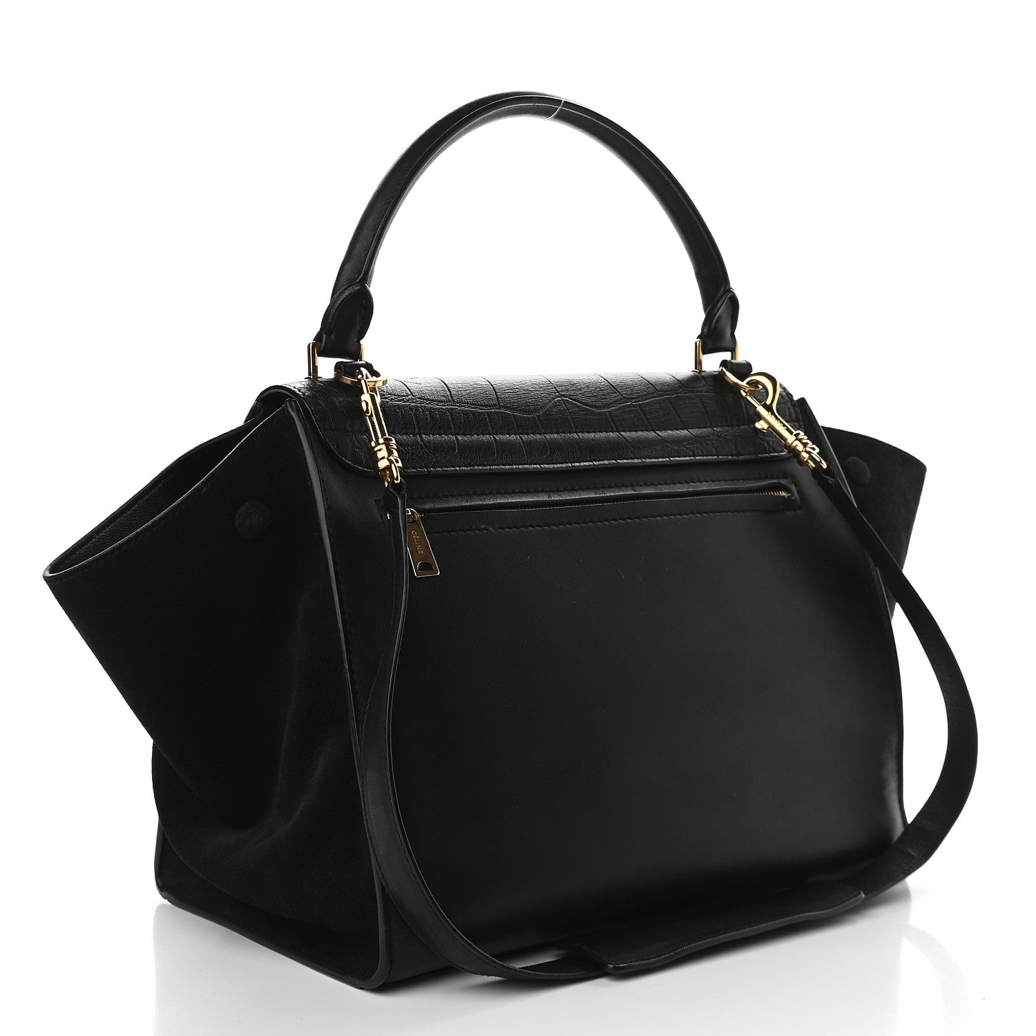 Celine Crocodile Embossed Calfskin Suede Medium Trapeze Black 4 of 9