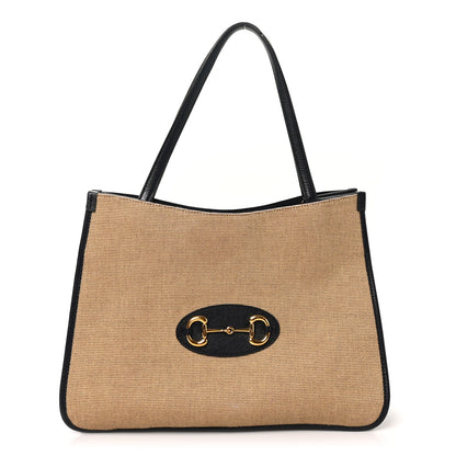 Gucci Vintage Rice Canvas Calfskin Horsebit 1955 Tote Bag Beige Blue 1 of 12