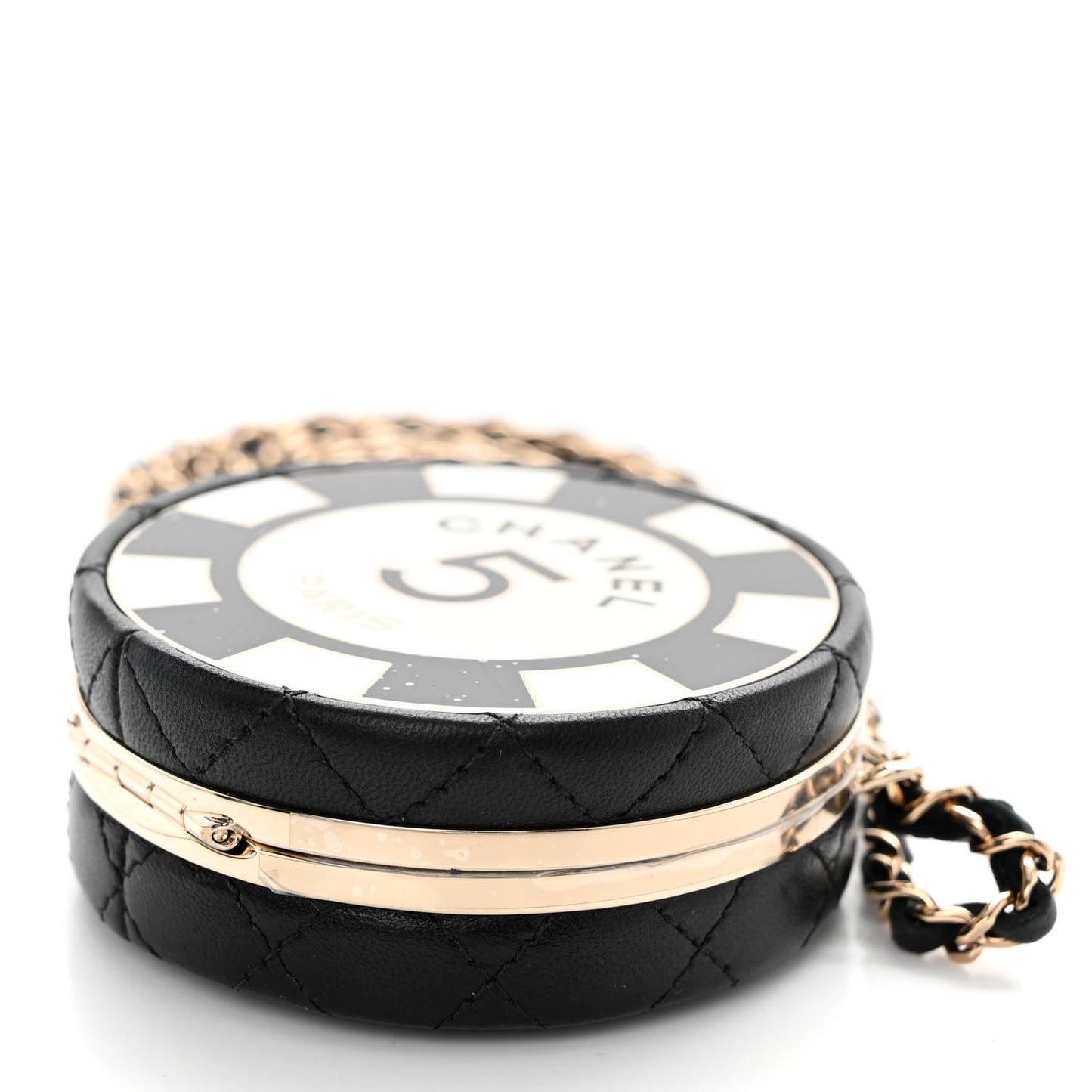 Lambskin Enamel Quilted Round Poker Chip Clutch With Chain Black White