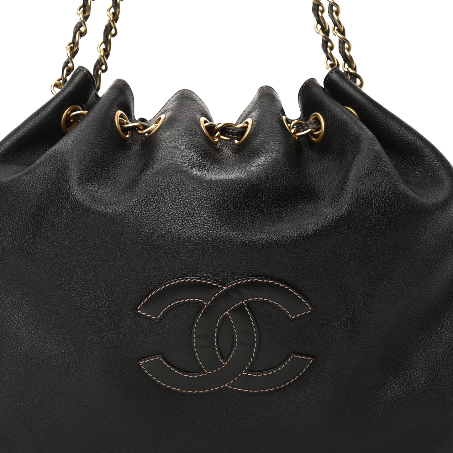 Grained Calfskin CC Drawstring Bucket Bag Black