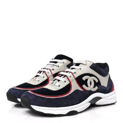 Chanel Calfskin Velvet CC Sneakers 40.5 Navy Silver Red 3 of 7