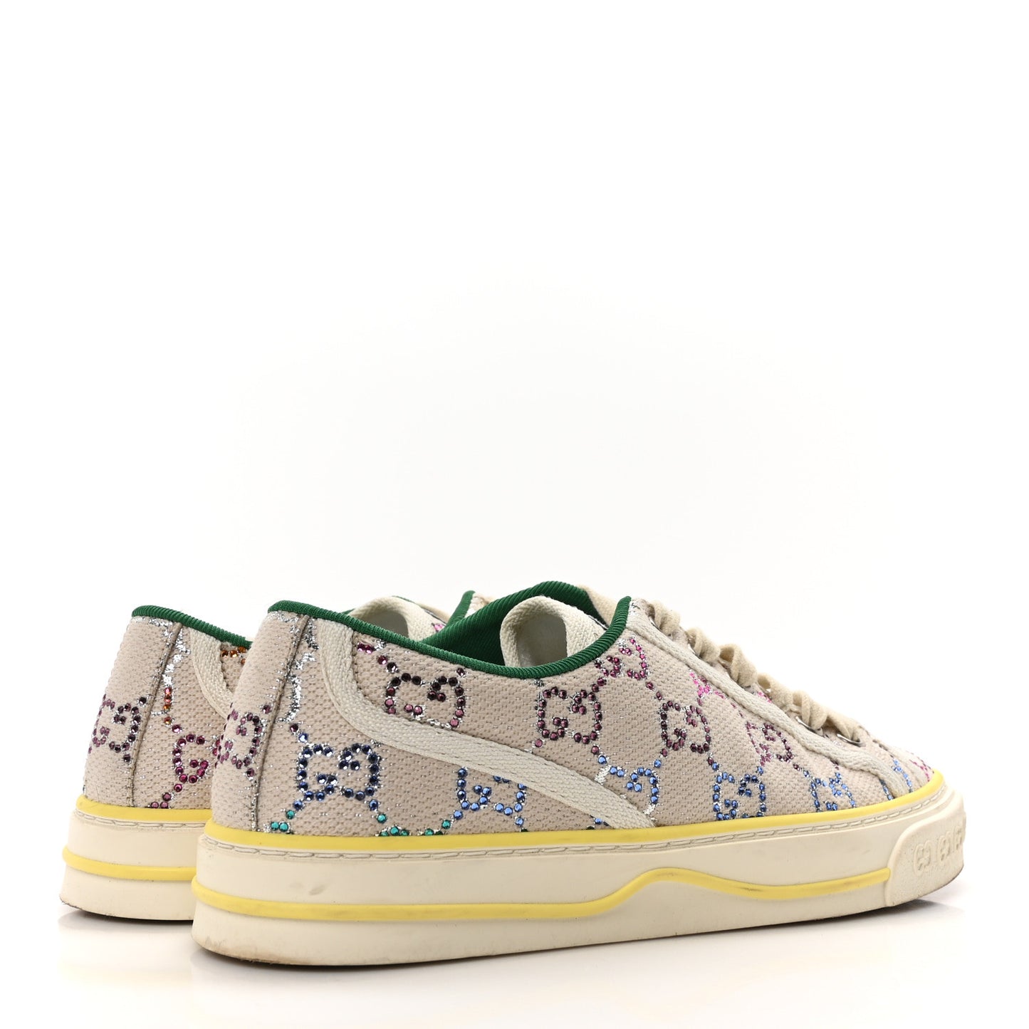 Canvas Lame Crystal GG Monogram Womens 1977 Tennis Sneakers 37.5 Gardenia Silver Mystic White