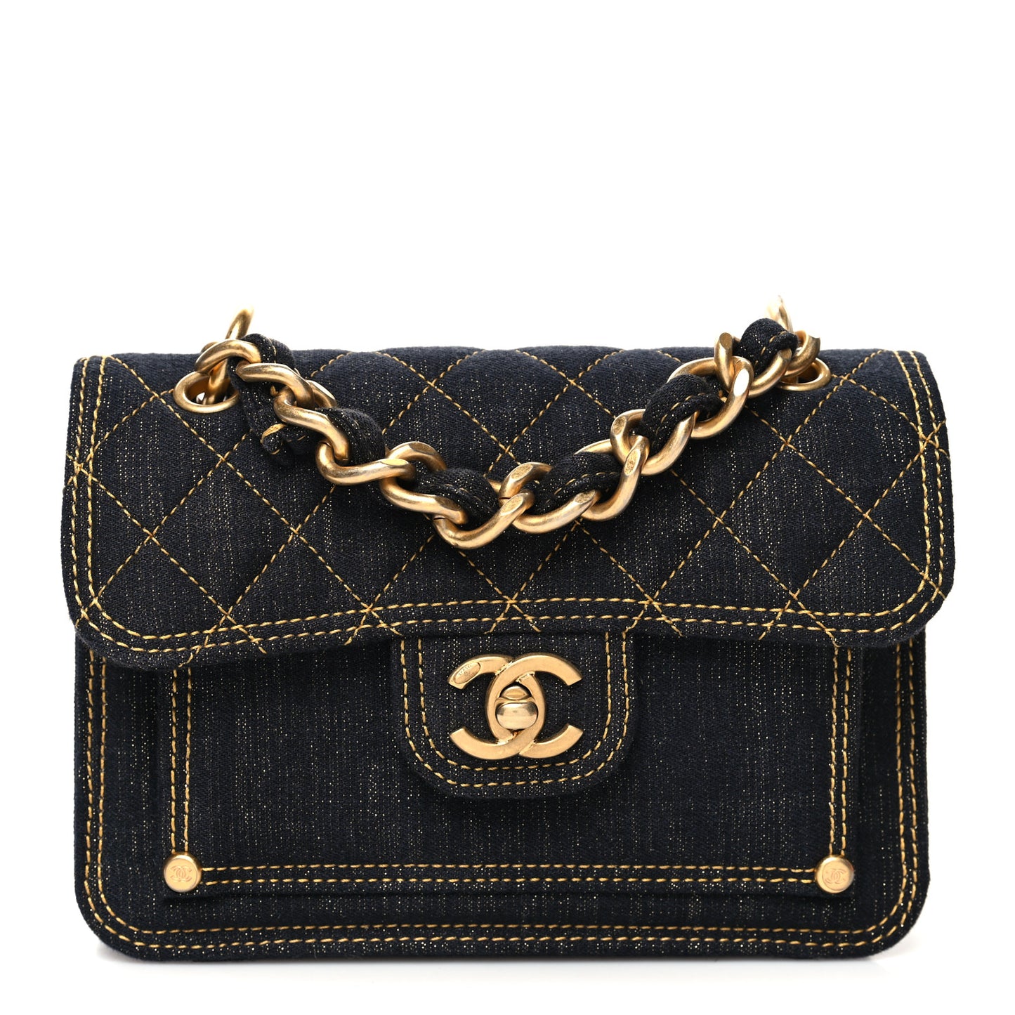 Denim Quilted Double You Mini Flap Black Golden