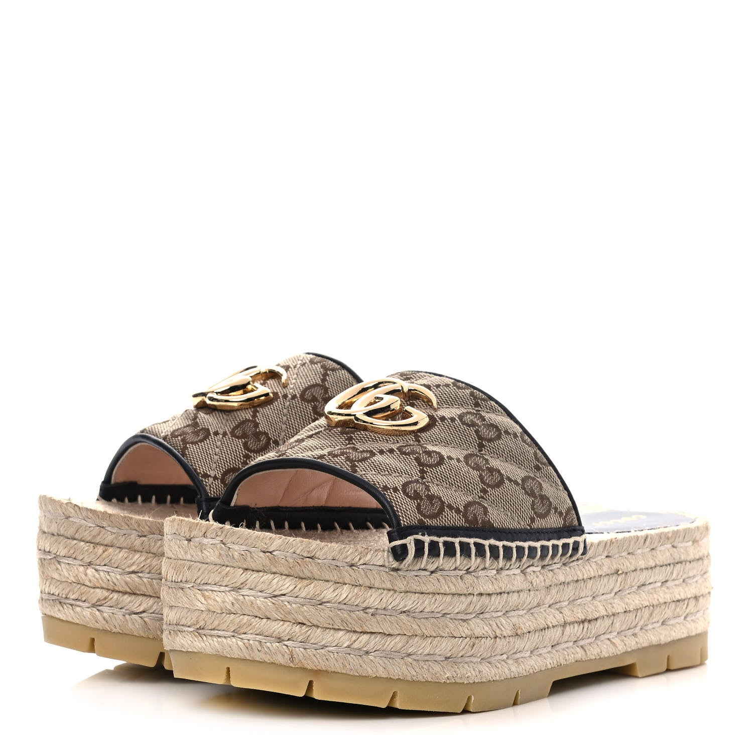 Gucci Monogram Matelasse Diagonal GG Marmont Platform Espadrille Slide Sandals 36 Beige Ebony Black 3 of 9