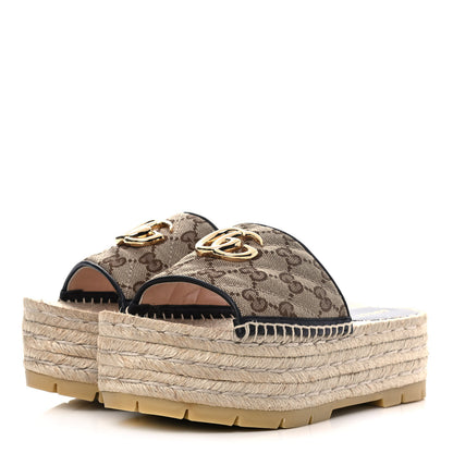 Gucci Monogram Matelasse Diagonal GG Marmont Platform Espadrille Slide Sandals 36 Beige Ebony Black 3 of 9