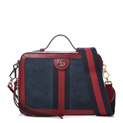 Gucci Suede Calfskin Web Small Ophidia Top Handle Shoulder Bag New Blue Romantic Cherry 1 of 10