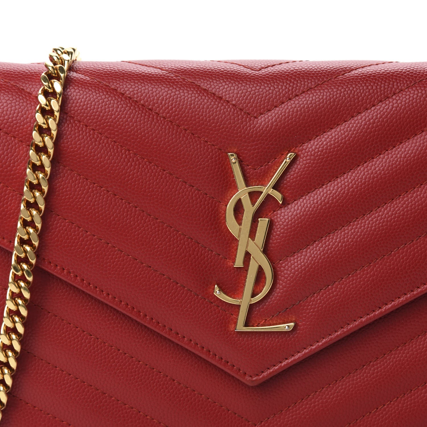 Saint Laurent Grain De Poudre Matelasse Chevron Monogram Chain Wallet Red 11 of 12