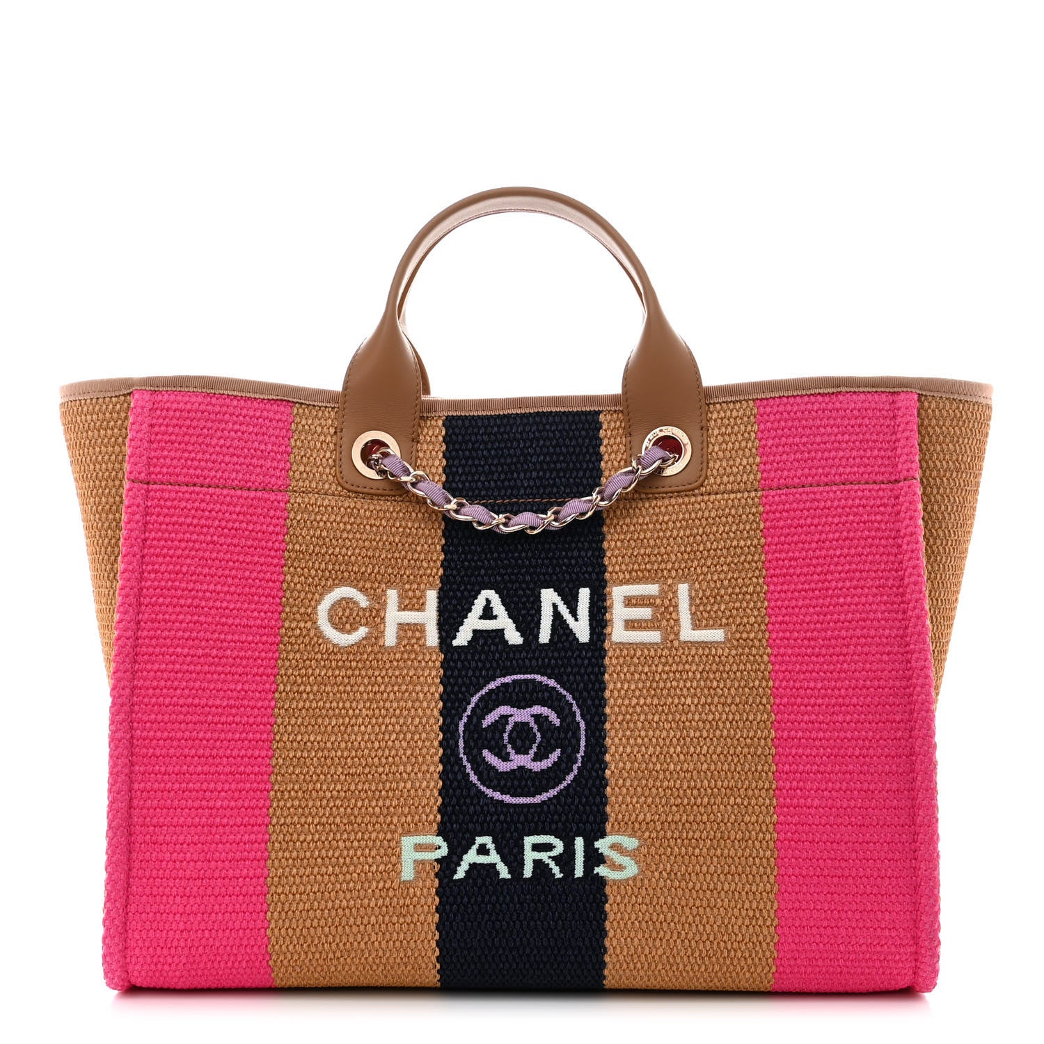 Chanel Straw Raffia Calfskin Striped Medium Deauville Tote Dark Beige Fuchsia Navy Blue 1 of 10