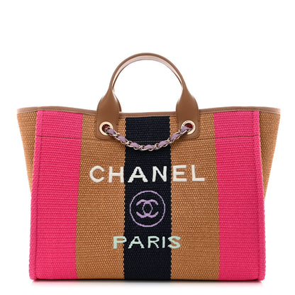Chanel Straw Raffia Calfskin Striped Medium Deauville Tote Dark Beige Fuchsia Navy Blue 1 of 10