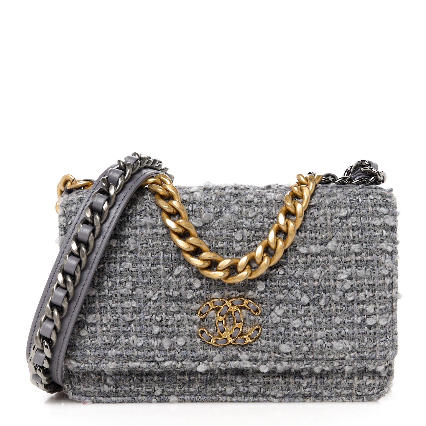 Wool Tweed Lambskin Quilted Chanel 19 Wallet On Chain WOC Grey