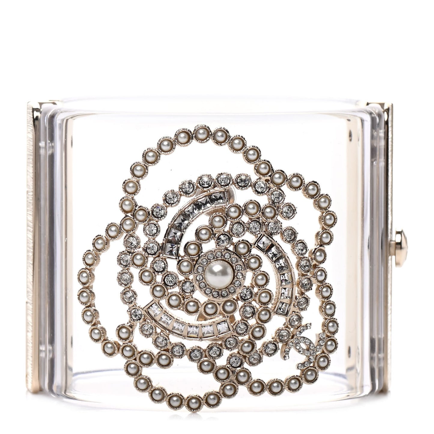 Lucite Pearl Crystal Lace Camellia CC Cuff Light Gold
