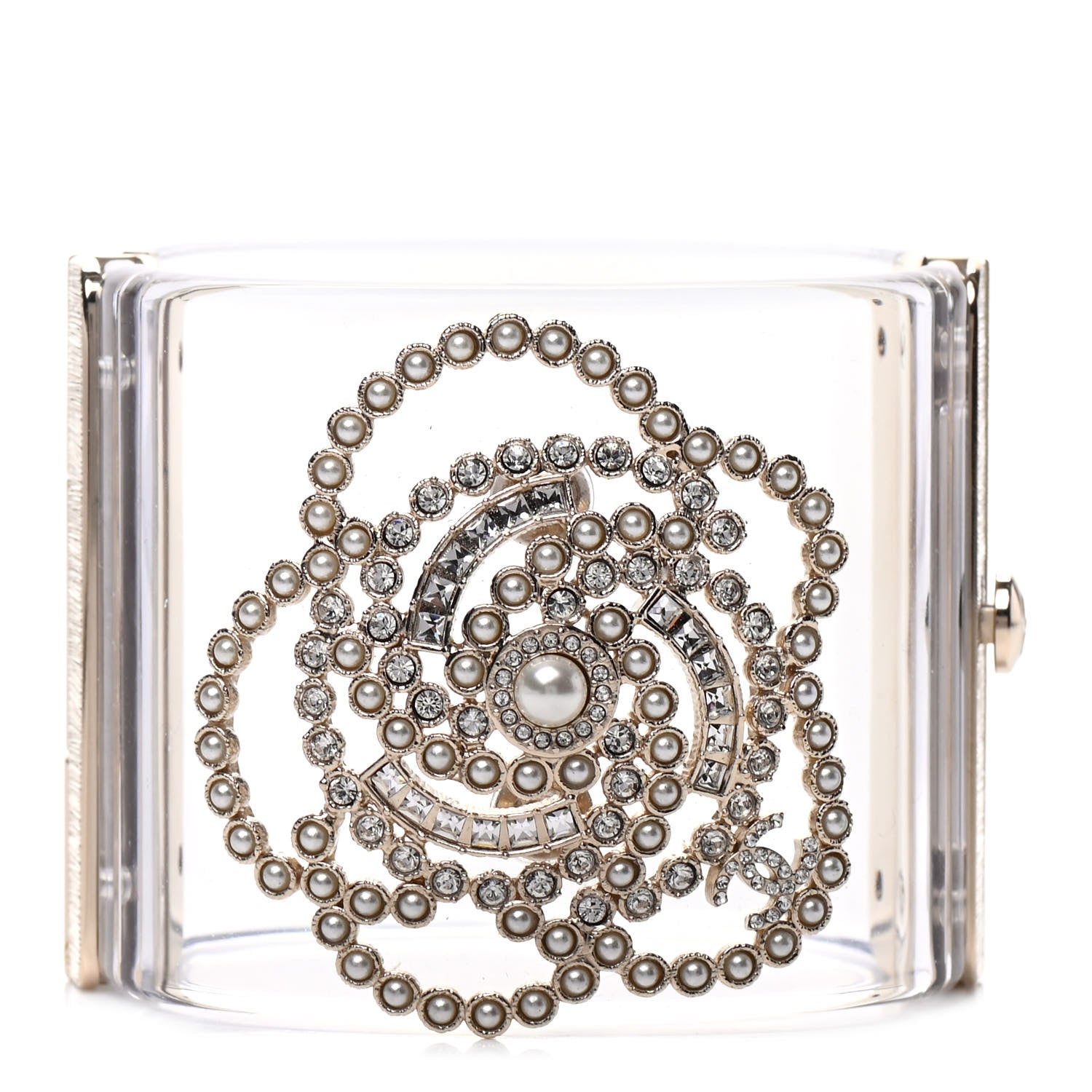 Chanel Lucite Pearl Crystal Lace Camellia CC Cuff Light Gold 1 of 5