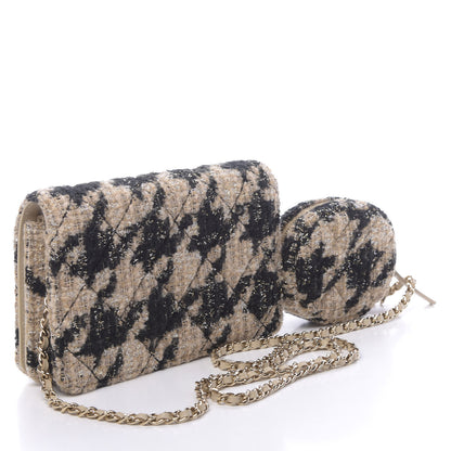 Chanel Tweed Shearling Quilted Wallet On Chain WOC and Coin Purse Beige Black 3 of 12