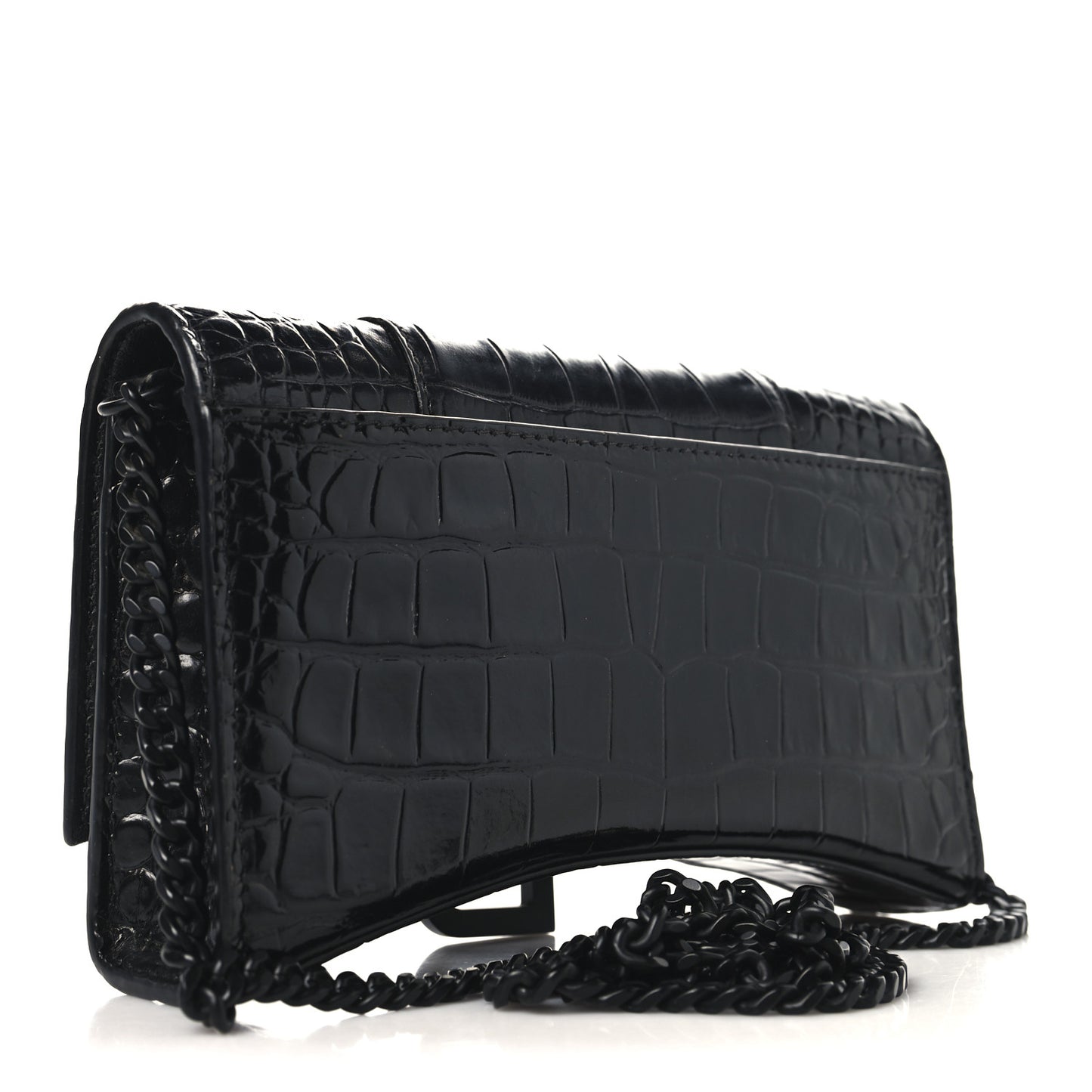 Shiny Calfskin Monochrome Crocodile Embossed Small Hourglass Evening Chain Bag Black