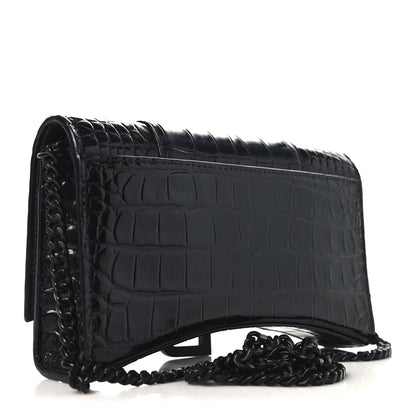 Balenciaga Shiny Calfskin Monochrome Crocodile Embossed Small Hourglass Evening Chain Bag Black 3 of 9