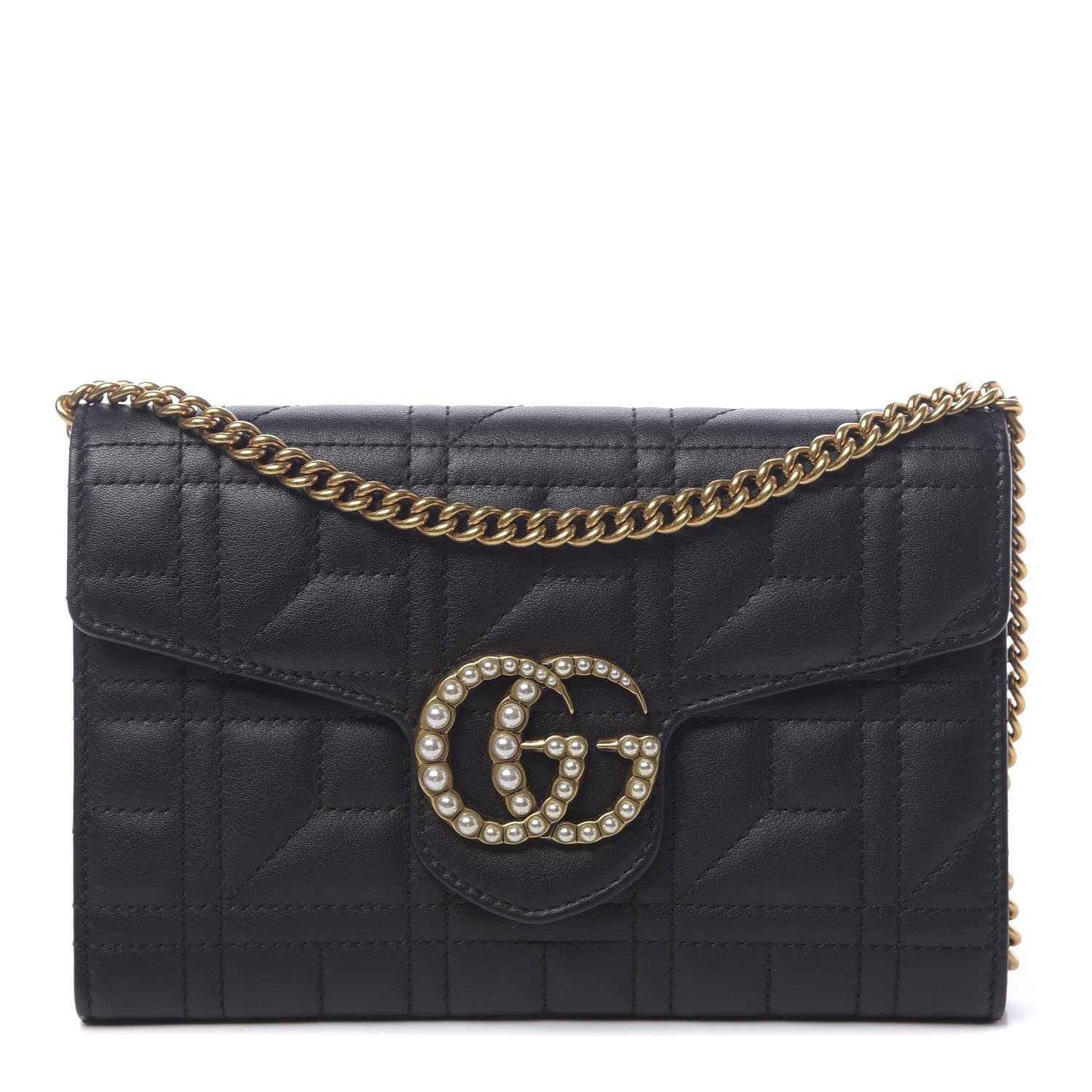 Gucci Calfskin Matelasse Mini Pearly GG Marmont Chain Wallet Black 1 of 11