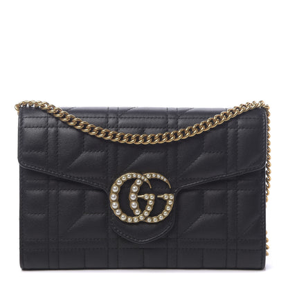 Gucci Calfskin Matelasse Mini Pearly GG Marmont Chain Wallet Black 1 of 11