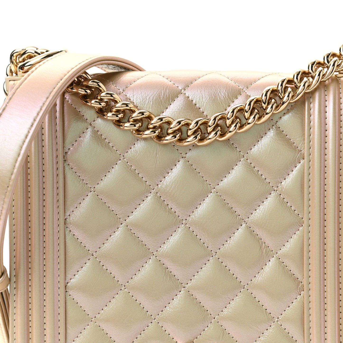 Iridescent Calfskin Quilted North South Boy Flap Beige