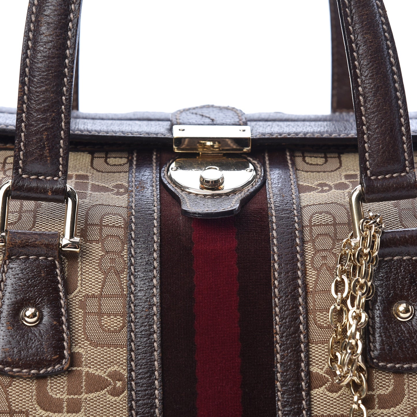 Horsebit Canvas Large Treasure Boston Tote Dark Brown