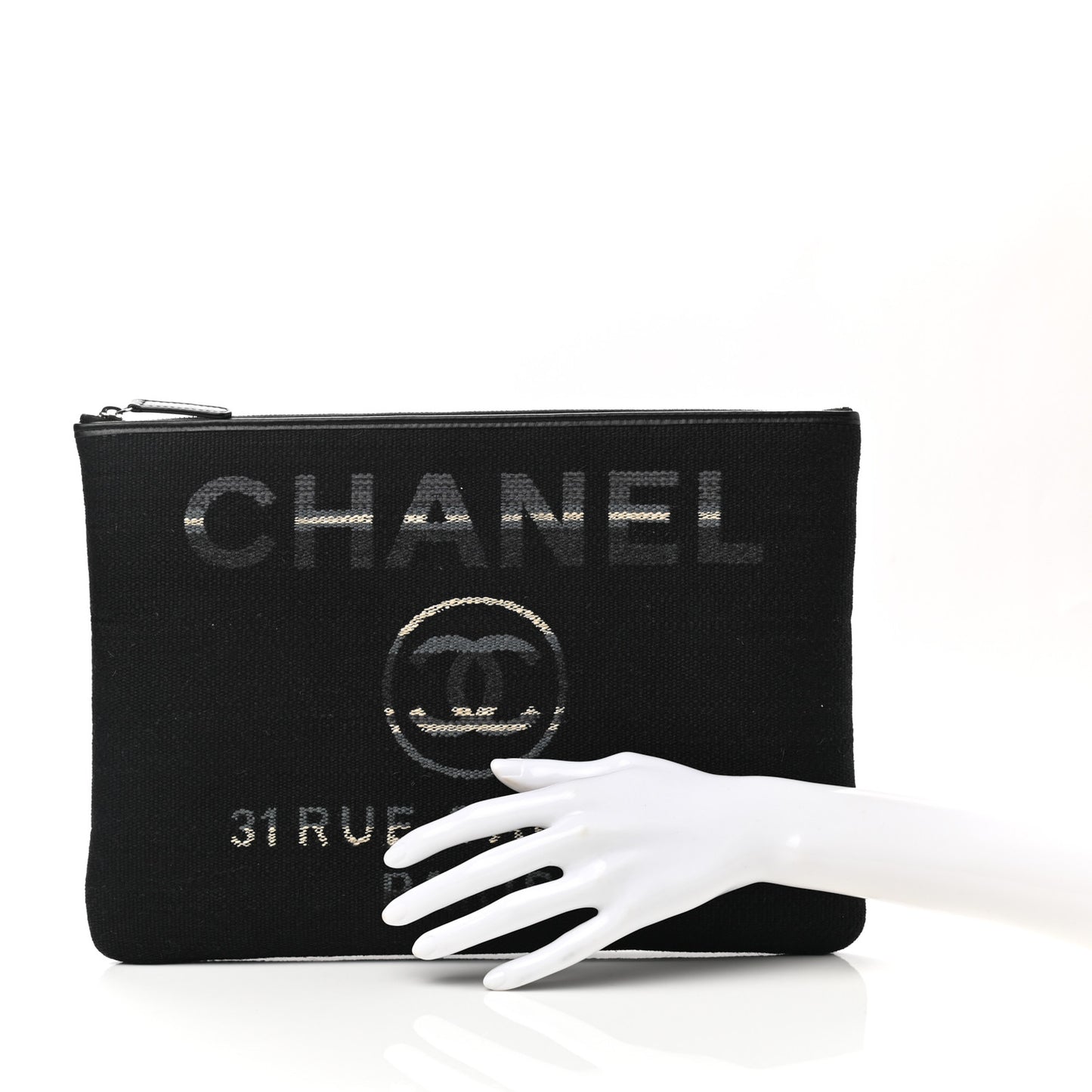 Striped Canvas Medium Deauville Cosmetic Pouch Grey Black