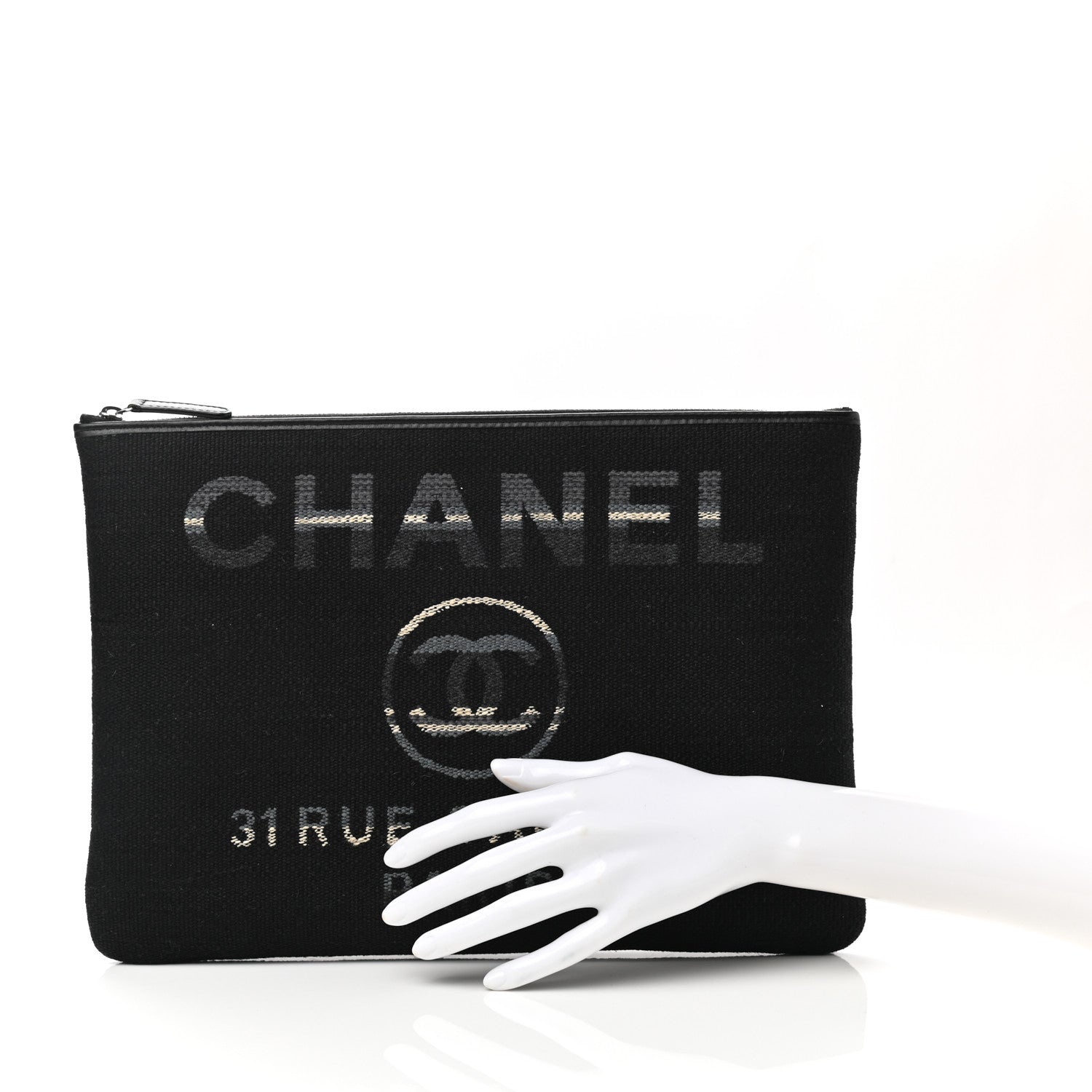 Chanel Striped Canvas Medium Deauville Cosmetic Pouch Grey Black 2 of 8