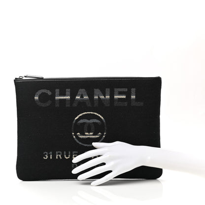 Chanel Striped Canvas Medium Deauville Cosmetic Pouch Grey Black 2 of 8