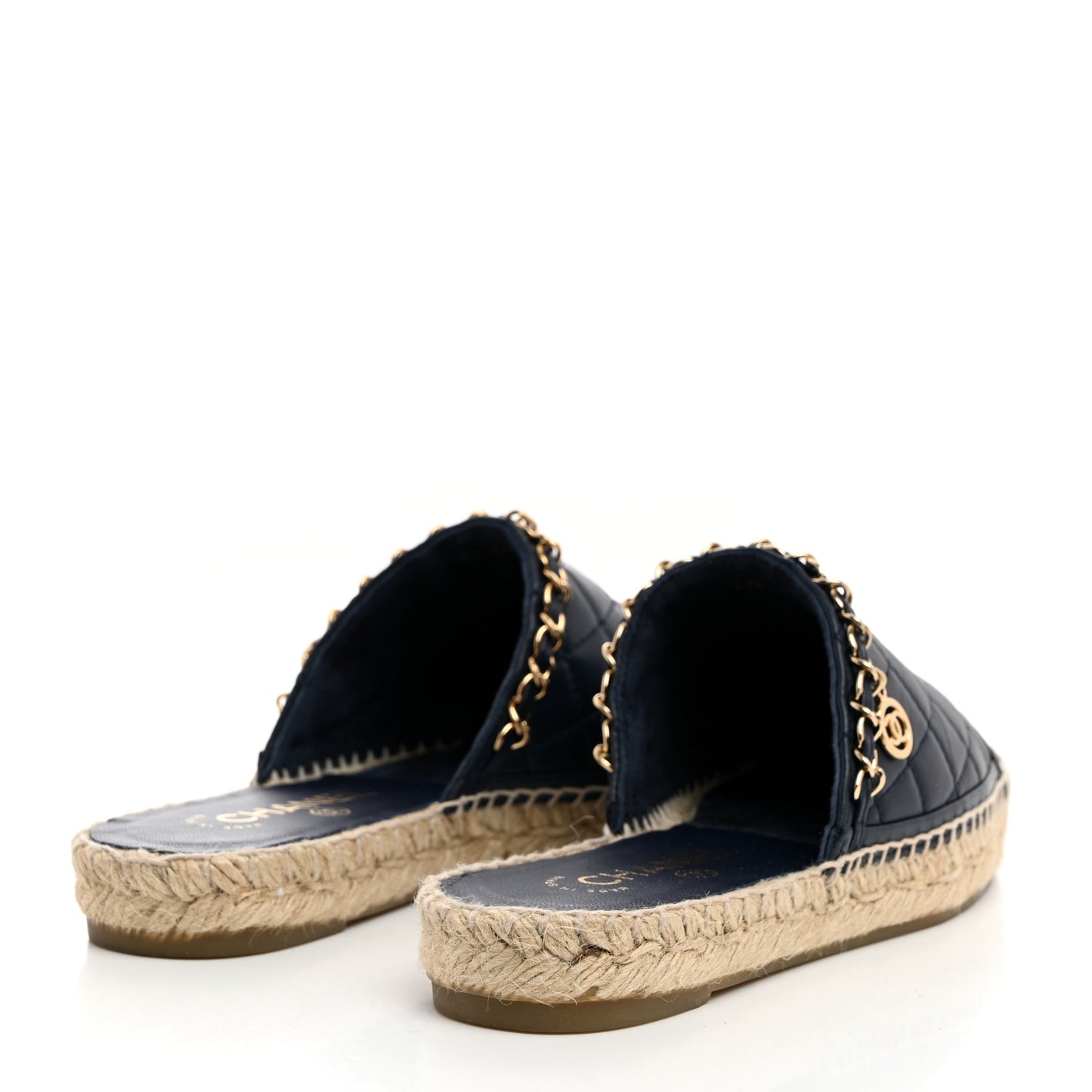 Lambskin Quilted CC Chain Espadrille Mules 36 Navy Black