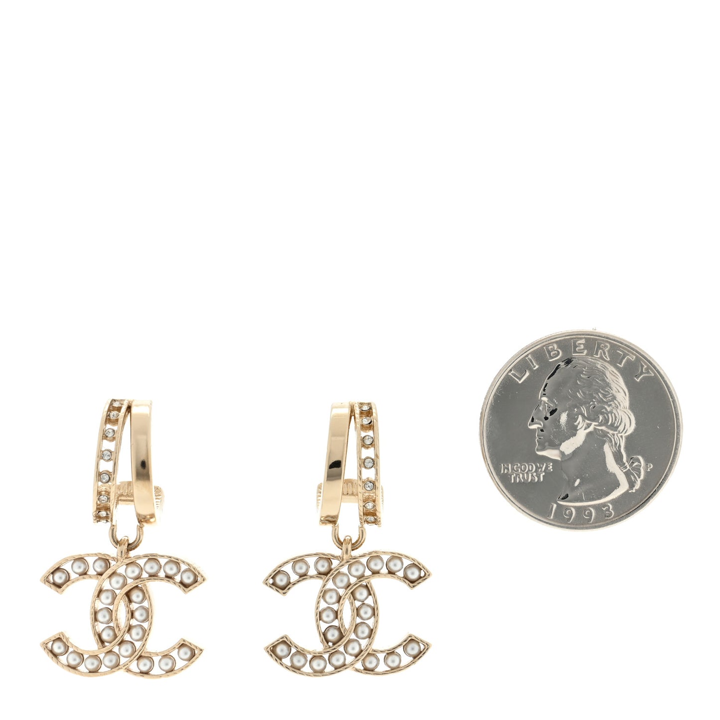 Crystal Pearl CC Hoop Drop Earrings Gold