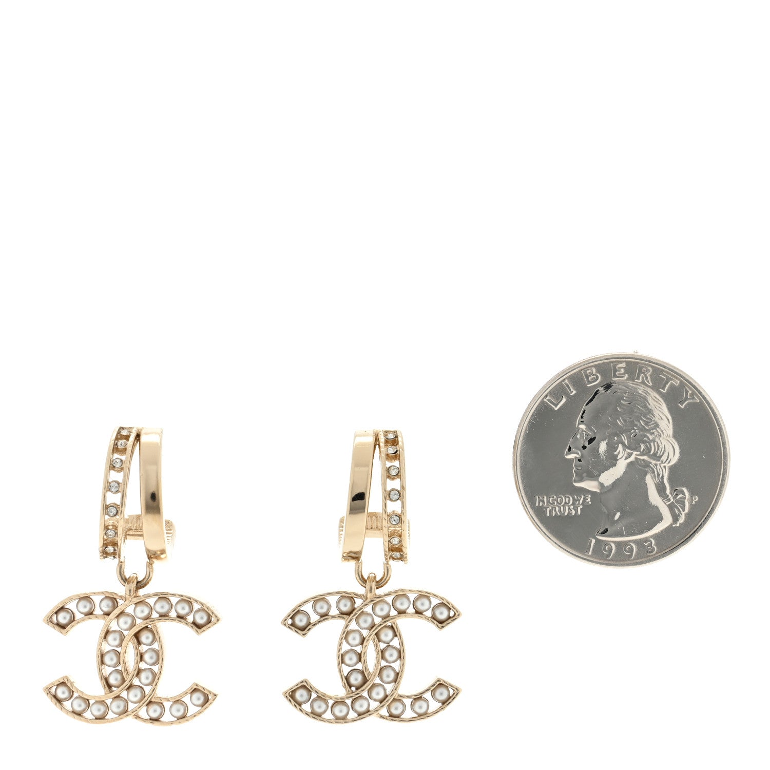 Chanel Crystal Pearl CC Hoop Drop Earrings Gold 2 of 4