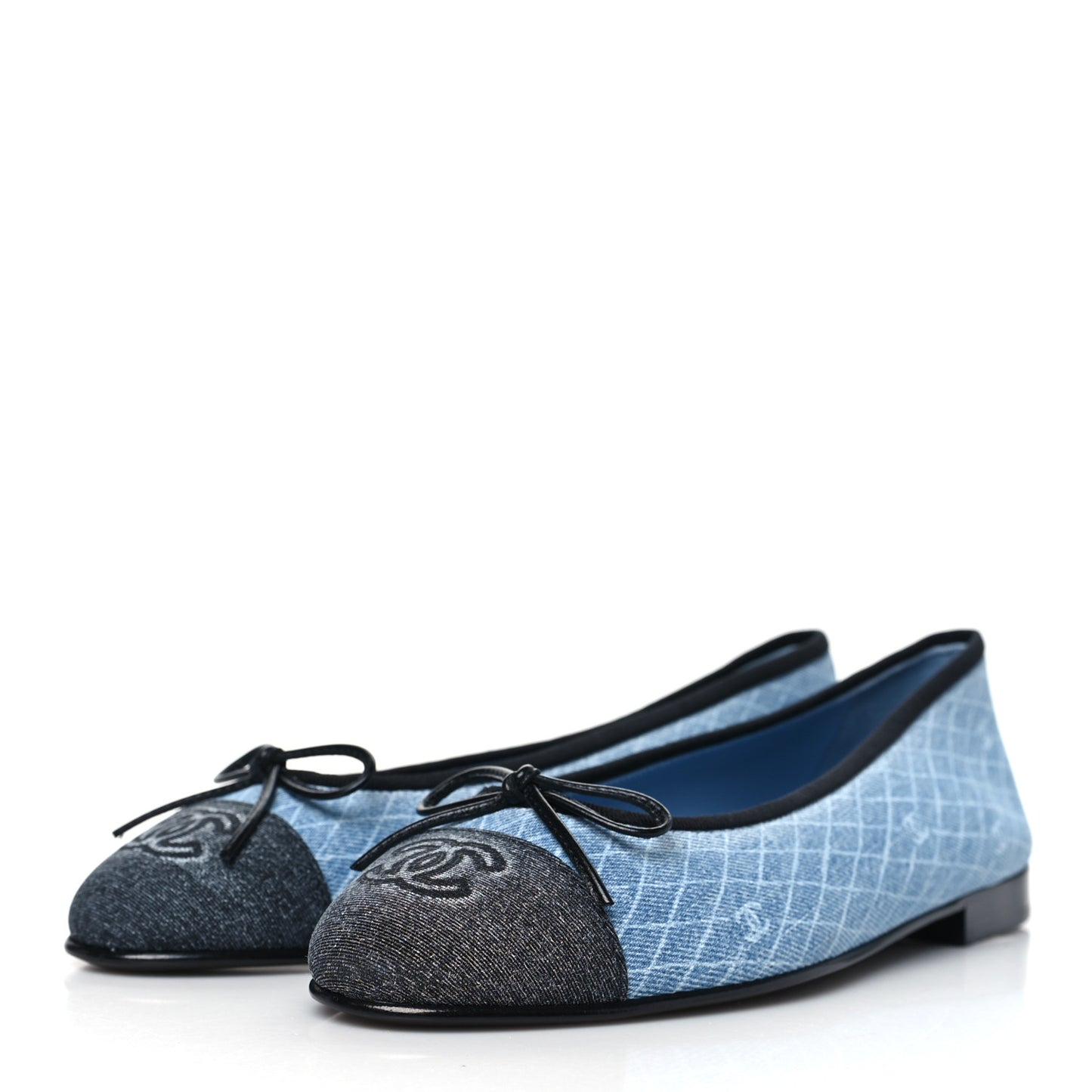 Denim Printed Quilt CC Cap Toe Ballerina Flats 38 Light Blue Dark Grey