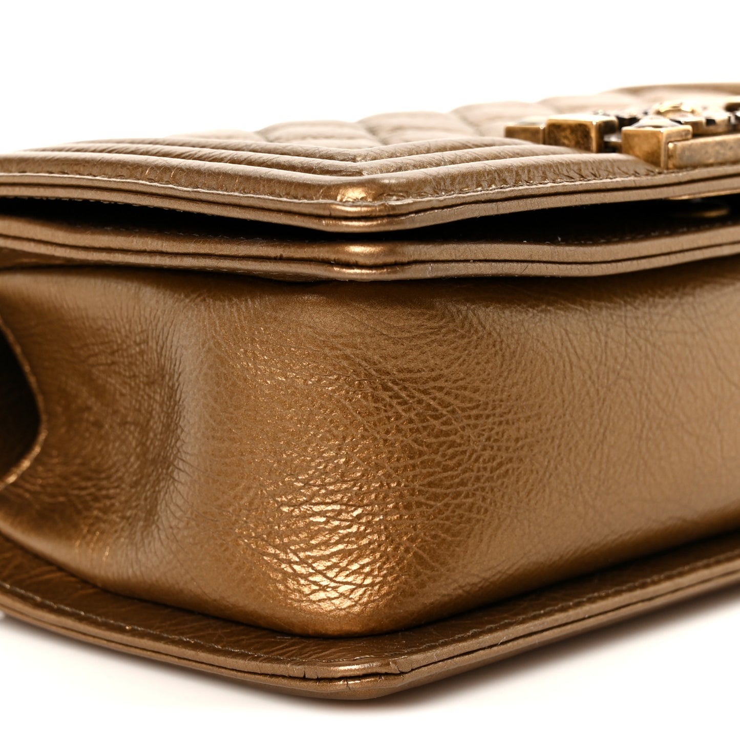 Metallic Crumpled Calfskin Quilted Gripoix Small Boy Flap Bronze