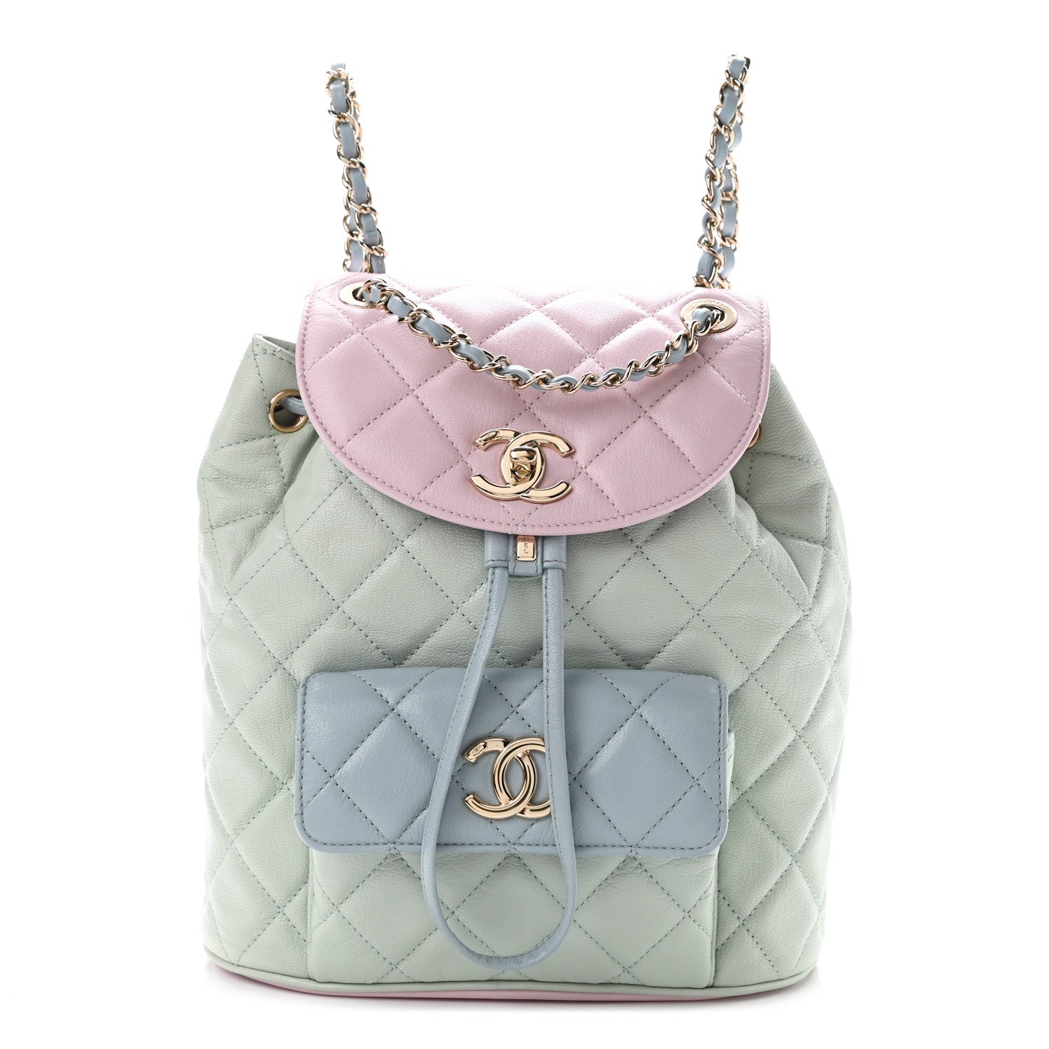Chanel Goatskin Quilted Duma Drawstring Backpack Green Blue Pink 1 of 13