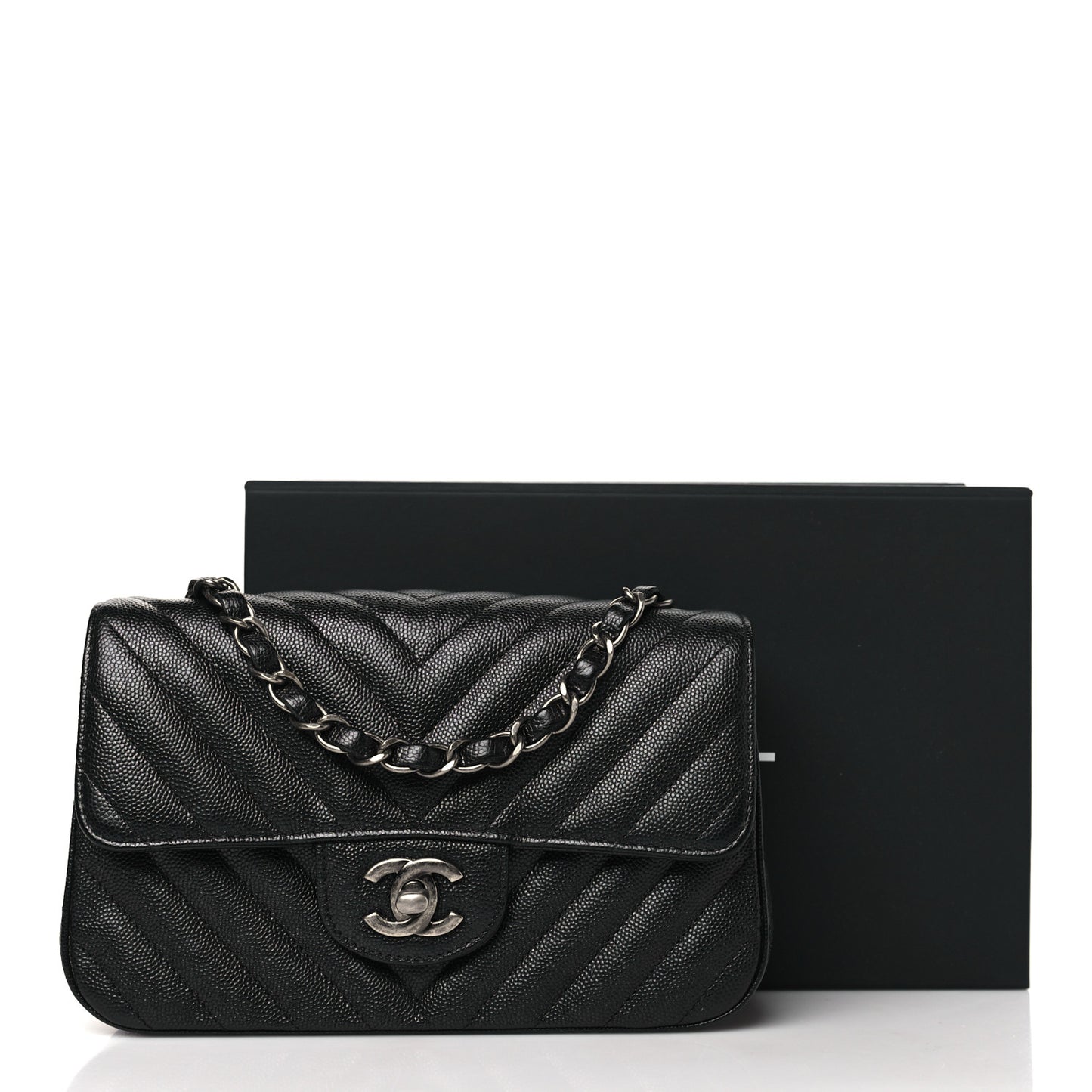 Metallic Caviar Chevron Quilted Mini Rectangular Flap Black
