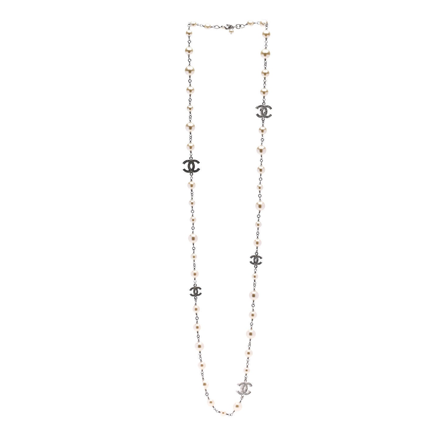 Graduated Pearl Crystal CC Long Necklace Silver
