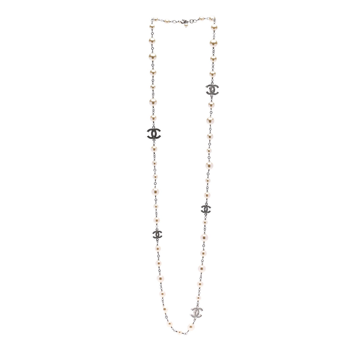 Chanel Graduated Pearl Crystal CC Long Necklace Silver 3 of 6