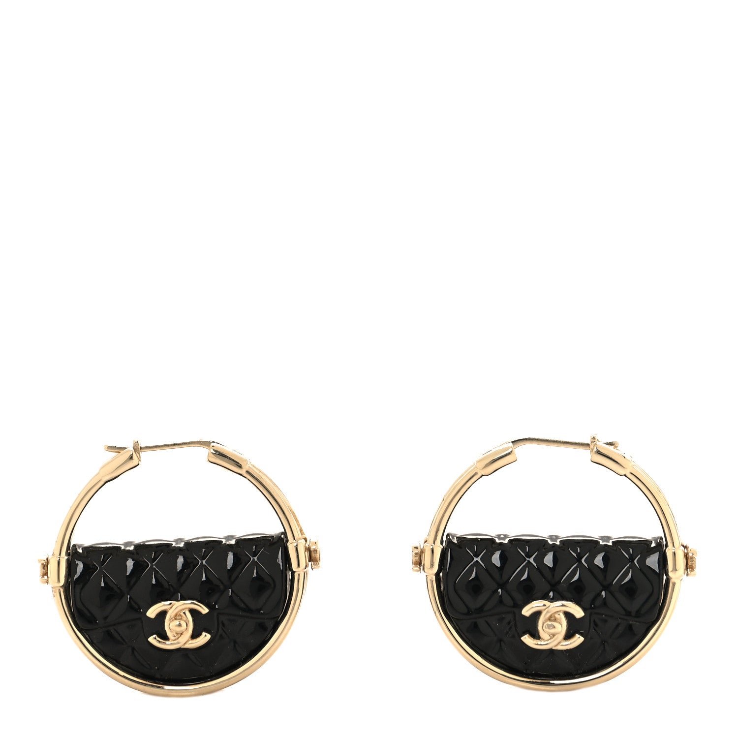 Chanel Metal Resin Quilted Flap Bag Hoop Earrings Black Gold 1 of 5