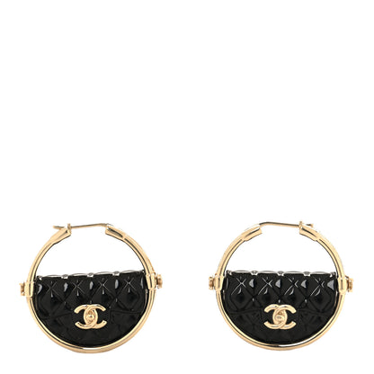 Chanel Metal Resin Quilted Flap Bag Hoop Earrings Black Gold 1 of 5