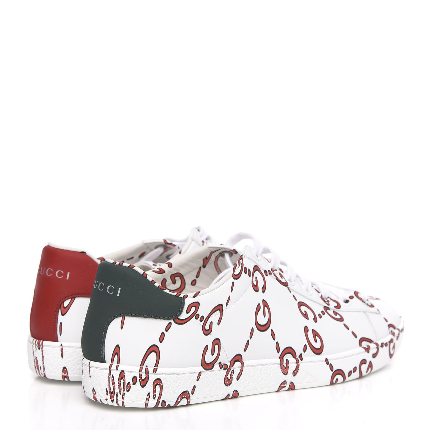 Calfskin GucciGhost Print Womens Ace Sneakers 37.5 White Hibiscus Red